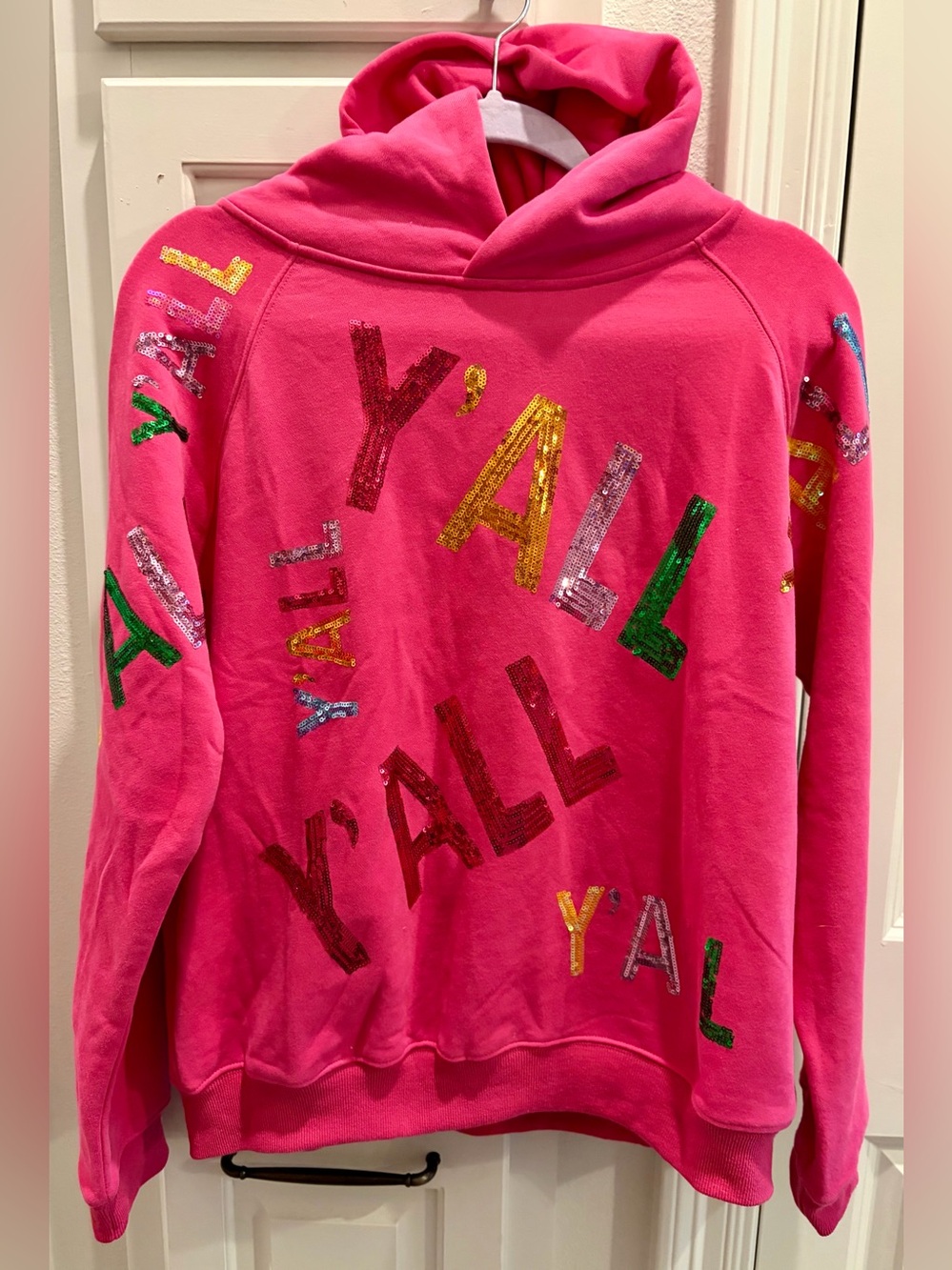 NWT BLUE B. COLLECTION Pink Sequin 'Y'All' Hoodie Large